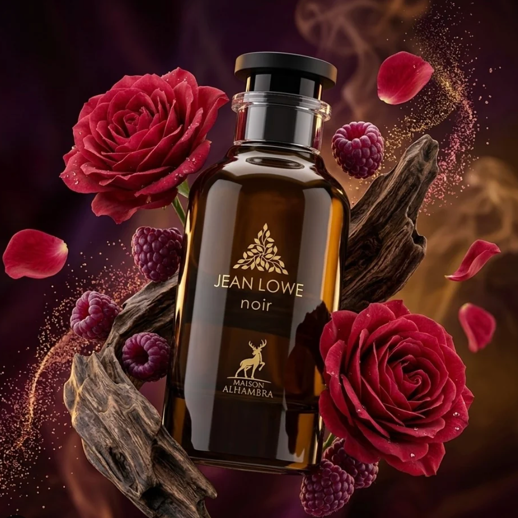 Flacon de Jean Lowe Noir entouré de roses rouges, de framboises et de morceaux de bois d'oud