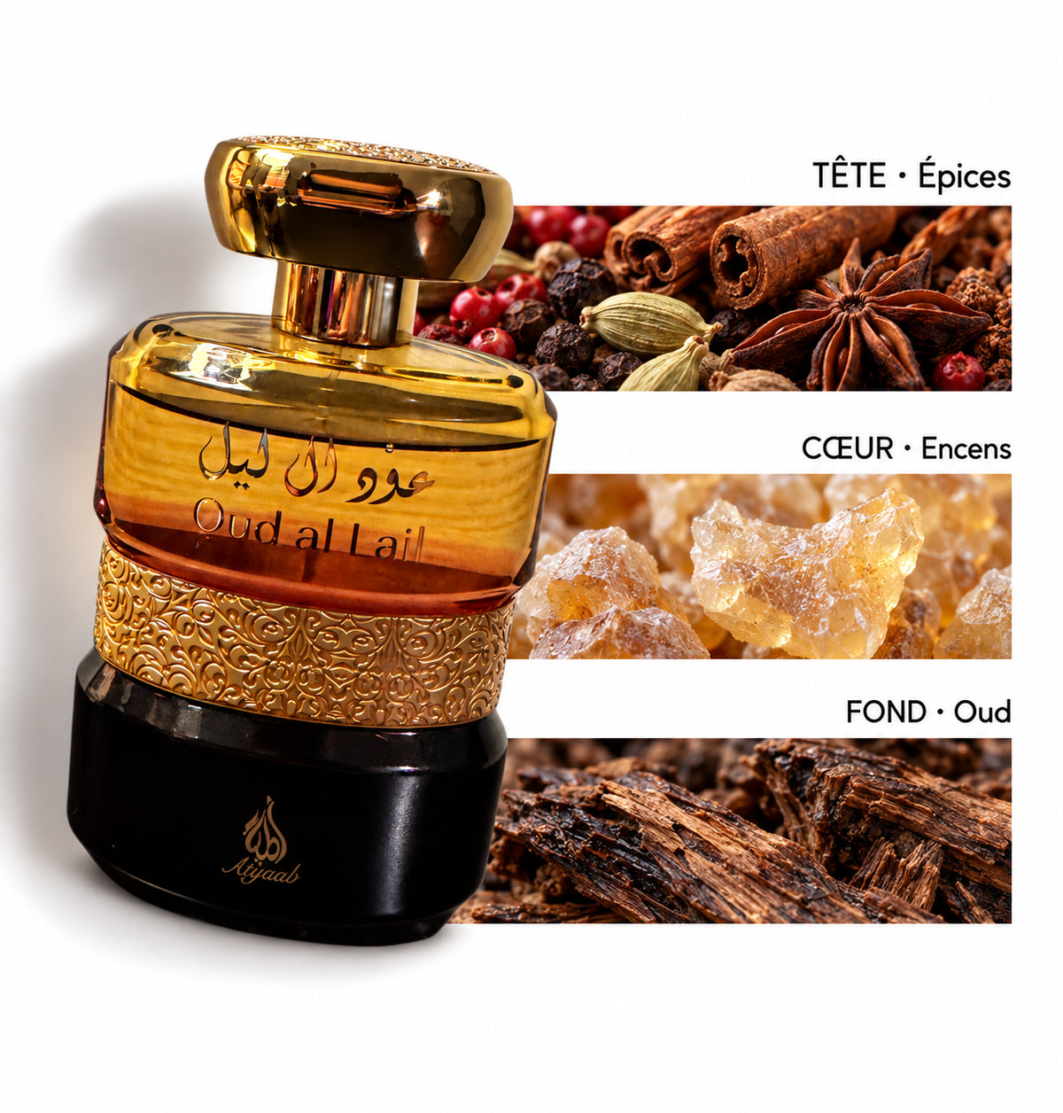 Oud Al Lail – Atyaab — Flacon entier et bandes de notes