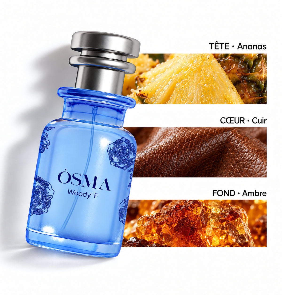Woody F – Osma — Flacon entier et bandes de notes
