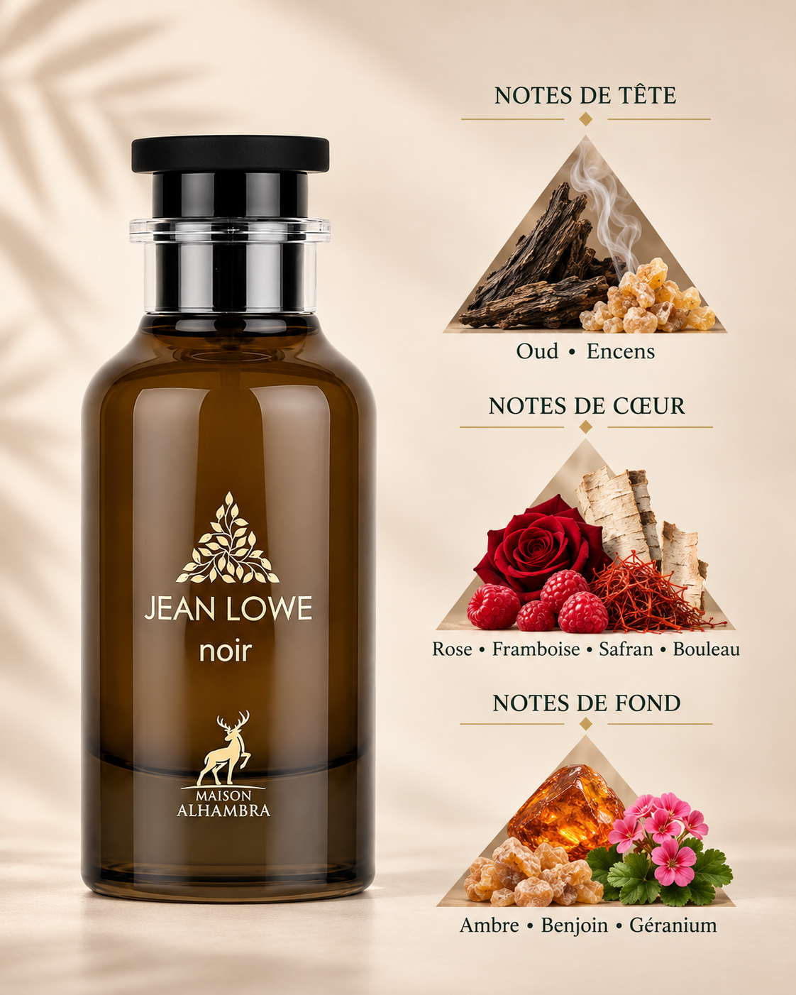 Flacon de Jean Lowe Noir de Maison Alhambra et ses notes : oud, encens, rose, framboise, ambre et benjoin