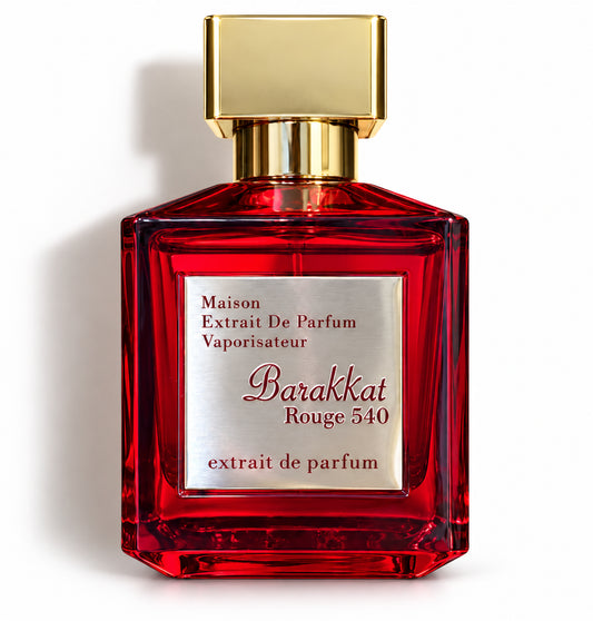 Barakkat Rouge 540 Extrait – flacon sur fond blanc avec ombre douce