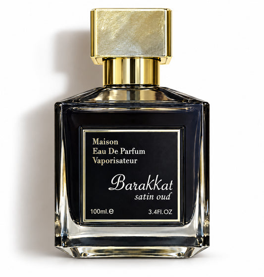 Barakkat Satin Oud – flacon sur fond blanc avec ombre douce