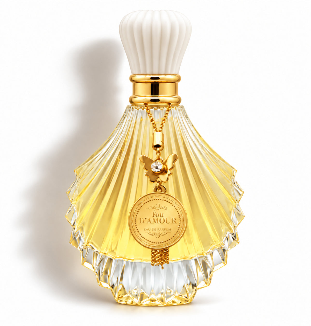 Fou d’amour Gold – Fragrance World – flacon sur fond blanc avec ombre douce