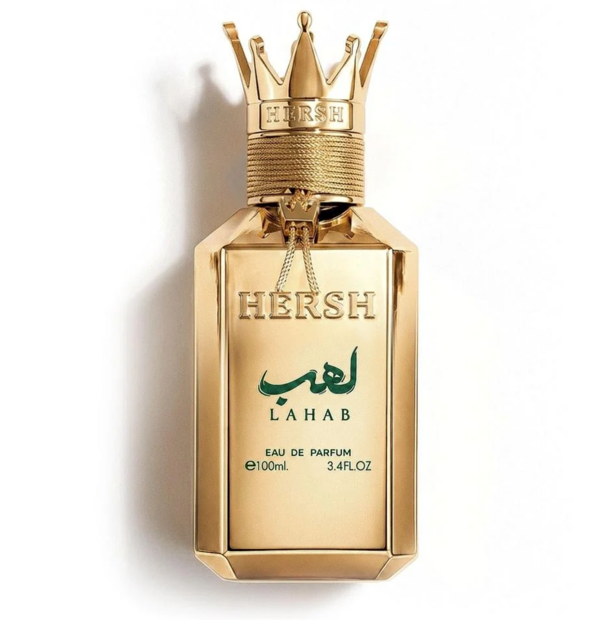Flacon doré couronné Hersh Lahab, eau de parfum mixte 100 ml, sur fond blanc