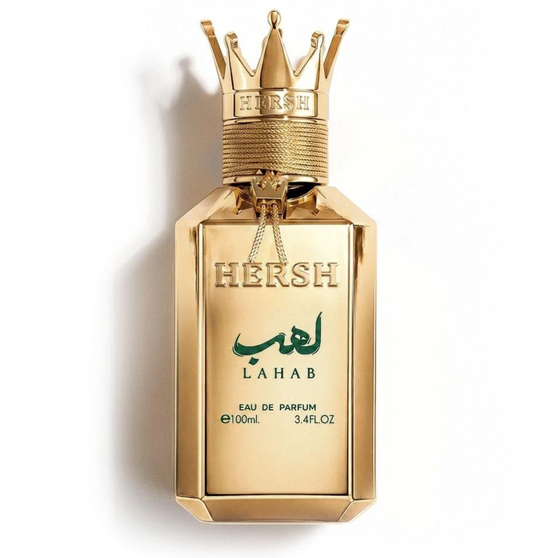 Flacon doré couronné Hersh Lahab, eau de parfum mixte 100 ml, sur fond blanc