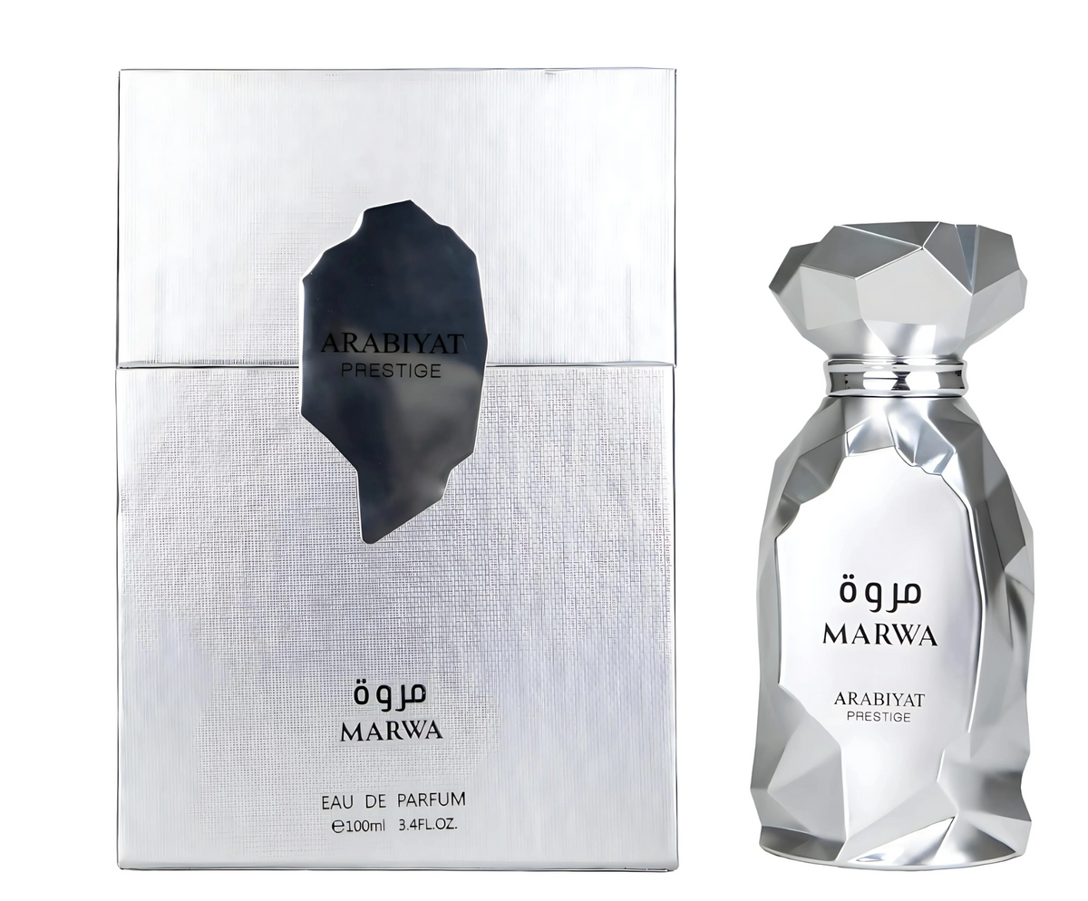 Parfum Marwa Arabiyat Prestige, flacon argenté avec sa boîte