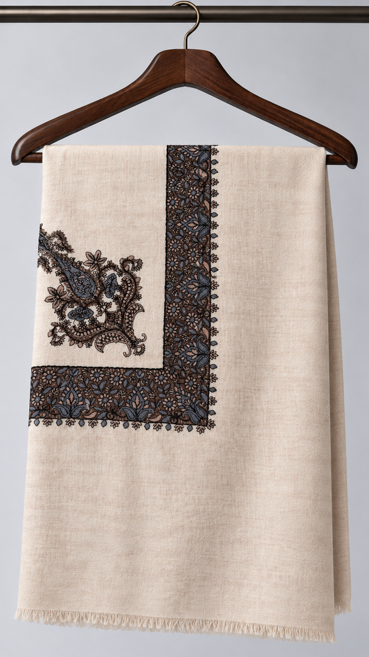 shemagh yemenite sable marron bleu — Sur cintre en bois foncé