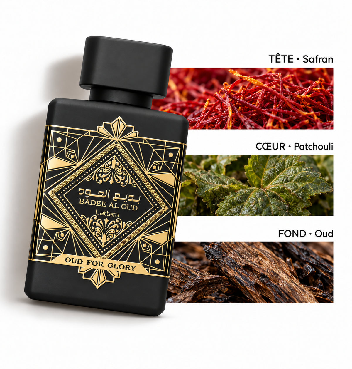 Badee Al Oud – Lattafa — Flacon entier et bandes de notes