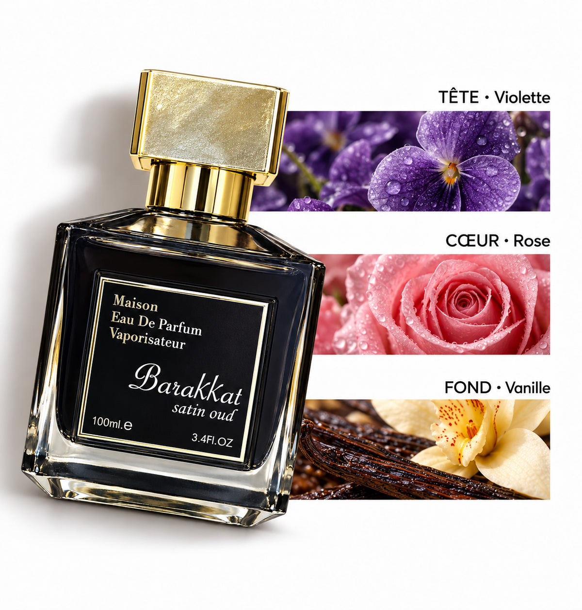 Barakkat Satin Oud — Flacon entier et bandes de notes