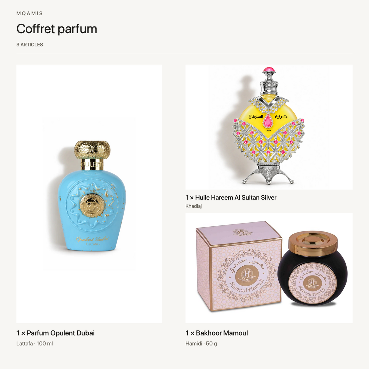 Coffret parfum — composition complète du pack, articles et quantités