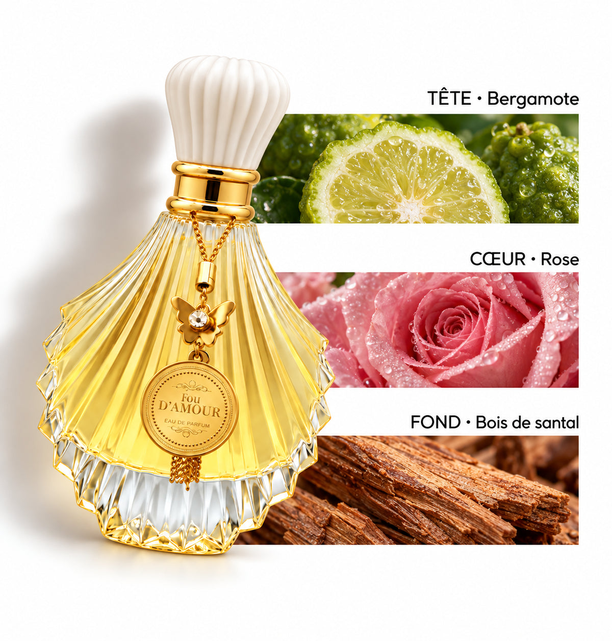 Fou d’amour Gold – Fragrance World — Flacon entier et bandes de notes