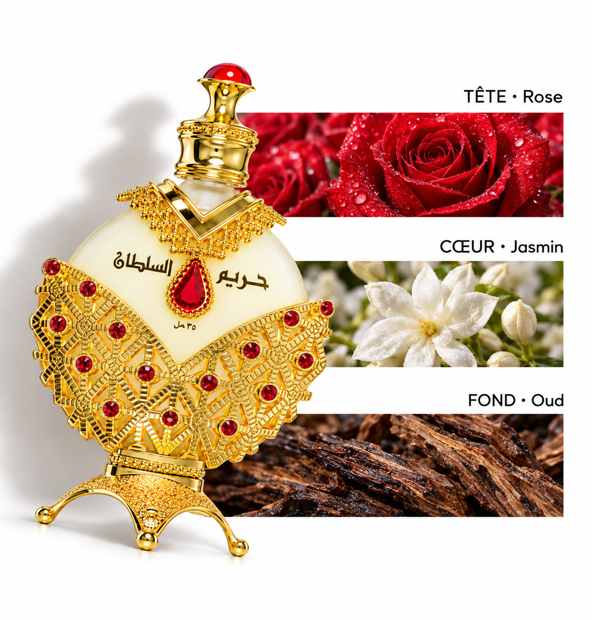 Huile Hareem Al Sultan Gold – Khadlaj — Flacon entier et bandes de notes