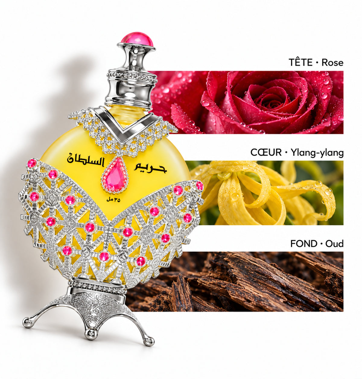 Huile Hareem Al Sultan Silver – Khadlaj — Flacon entier et bandes de notes