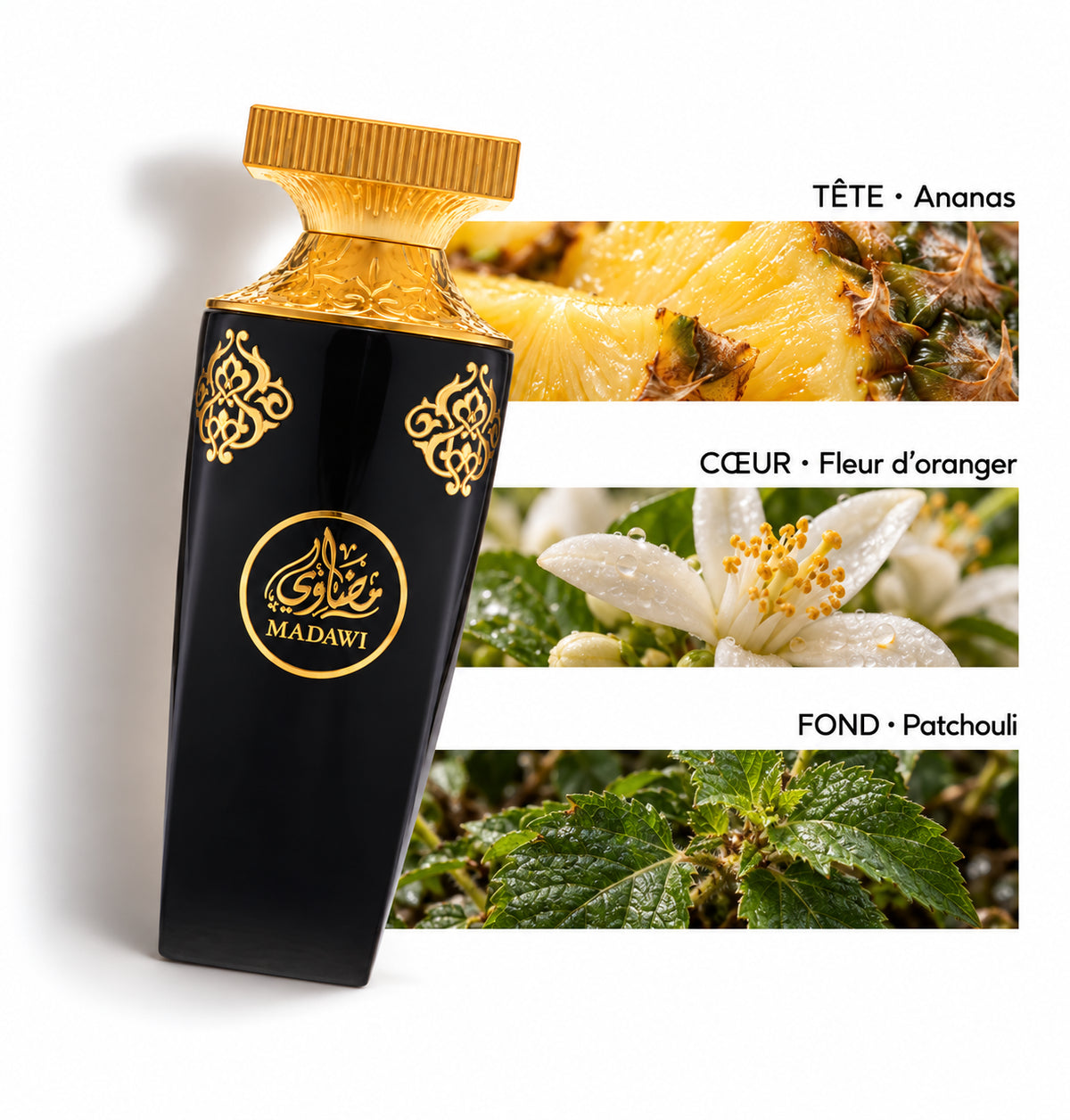 Madawi – Arabian Oud (90 ml) — Flacon entier et bandes de notes