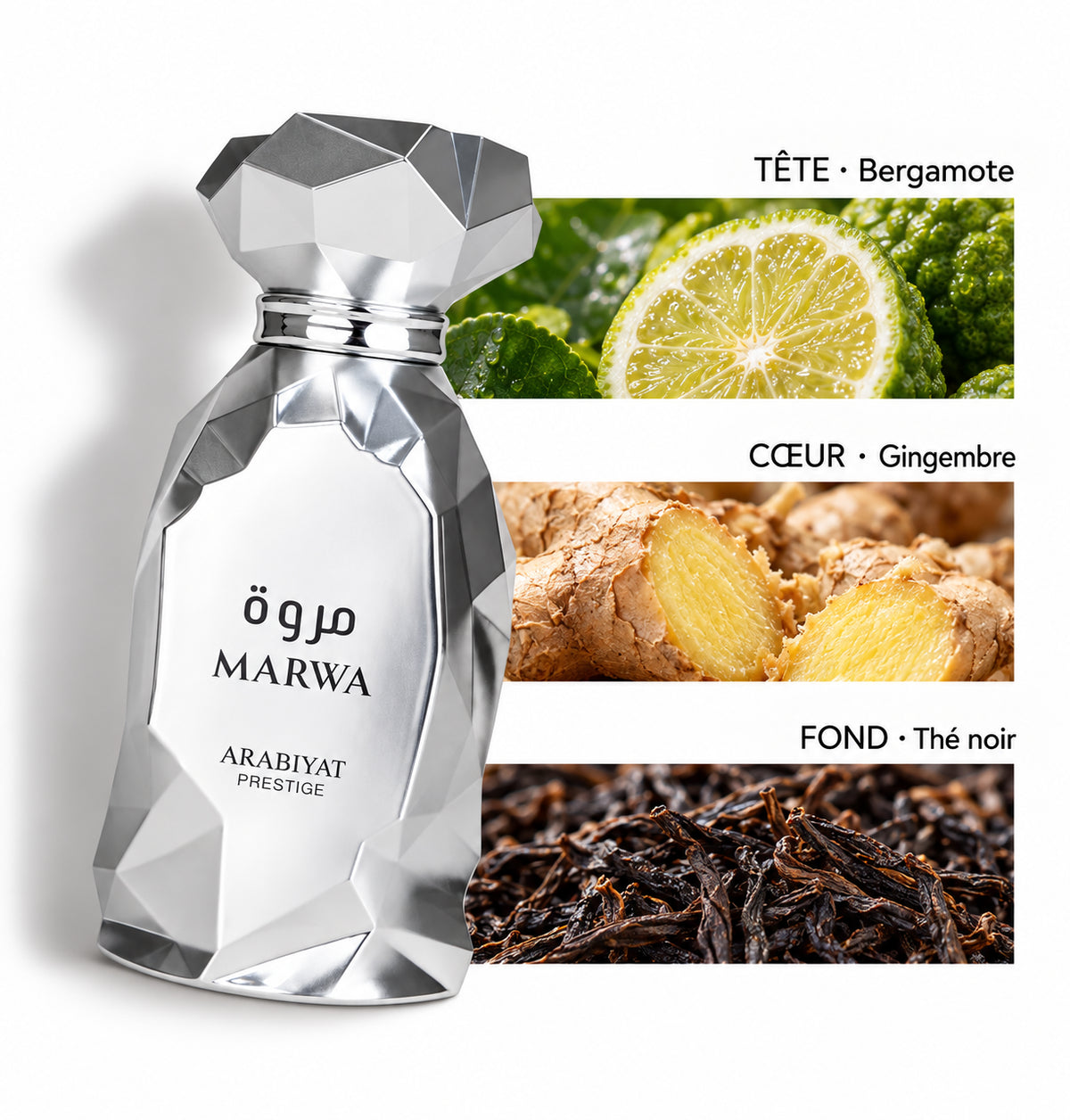 Marwa – Arabiyat Prestige (100 ml) — Flacon entier et bandes de notes