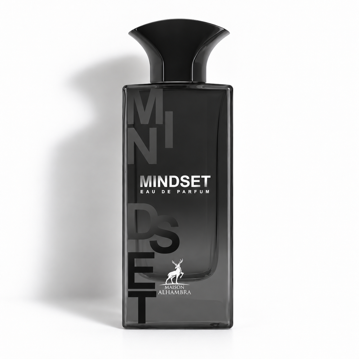 Mindset de Maison Alhambra, flacon noir sur fond blanc avec ombre.