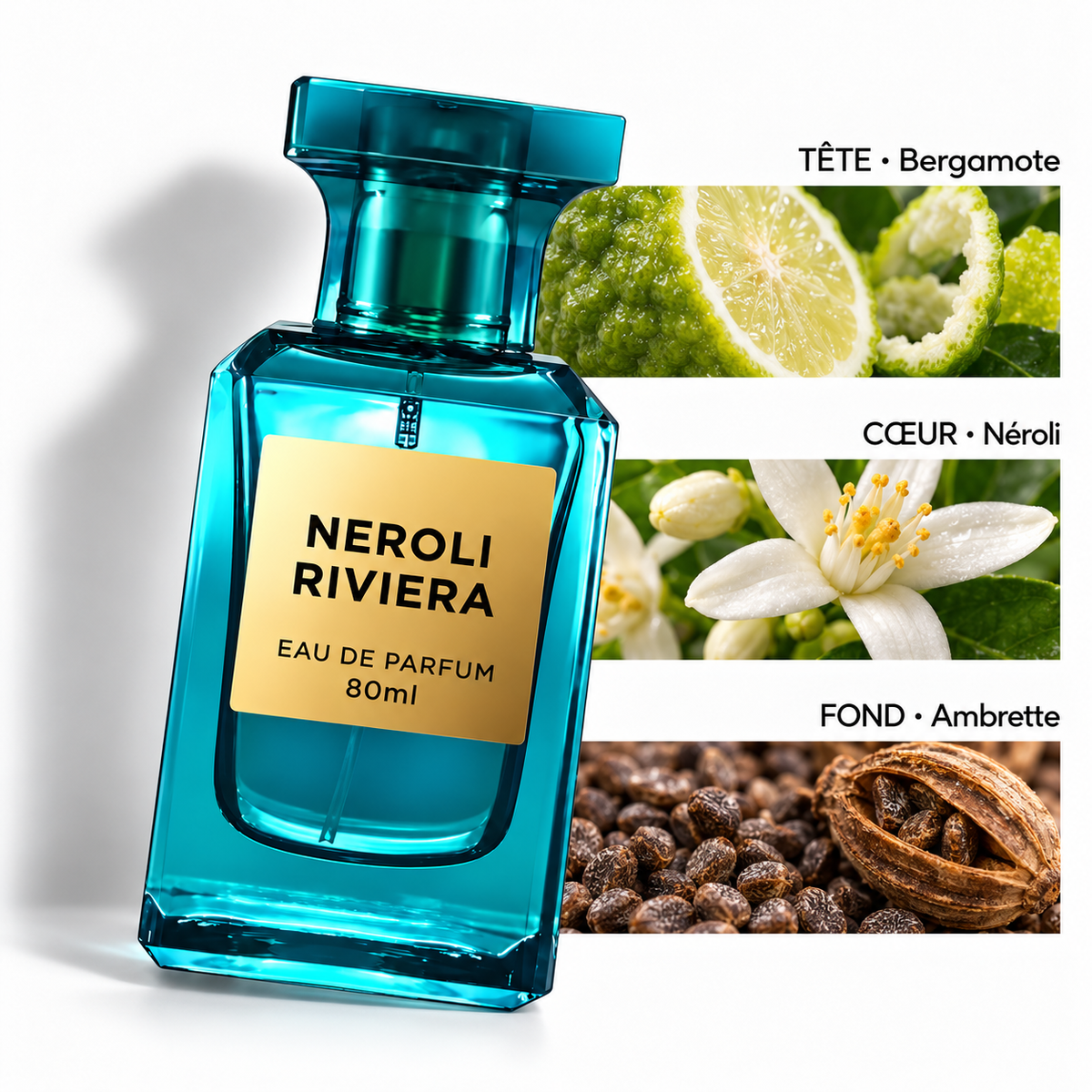Neroli Riviera — notes principales : tête bergamote, cœur néroli, fond ambrette.