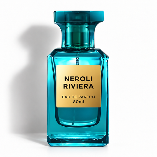 Neroli Riviera de Fragrance World, flacon turquoise de 80 ml sur fond blanc avec ombre.