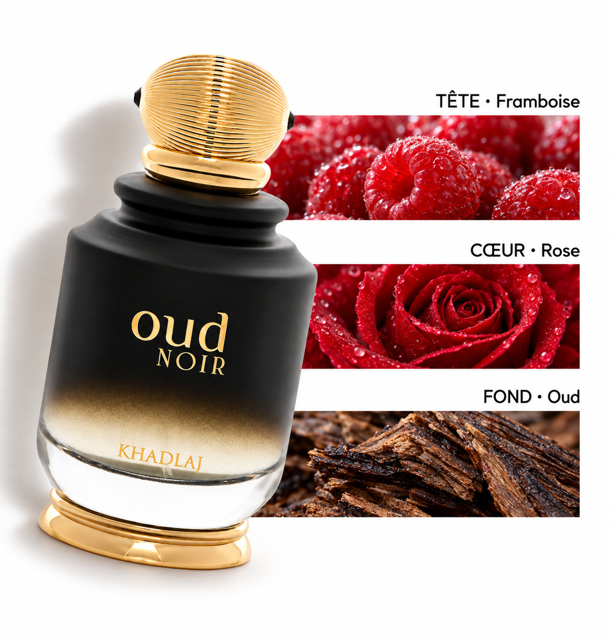 Oud Noir – Khadlaj (Ombre Nomade) — Flacon entier et bandes de notes