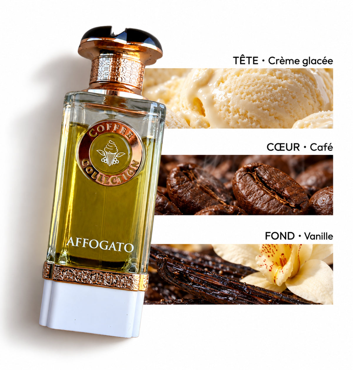 Affogato – Fragrance World — Flacon entier et bandes de notes