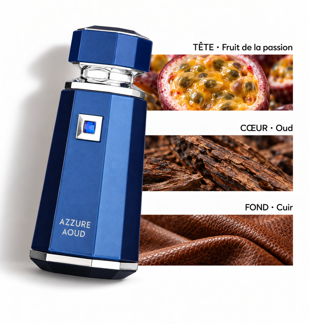 Azzure Aoud – French Avenue — Flacon entier et bandes de notes