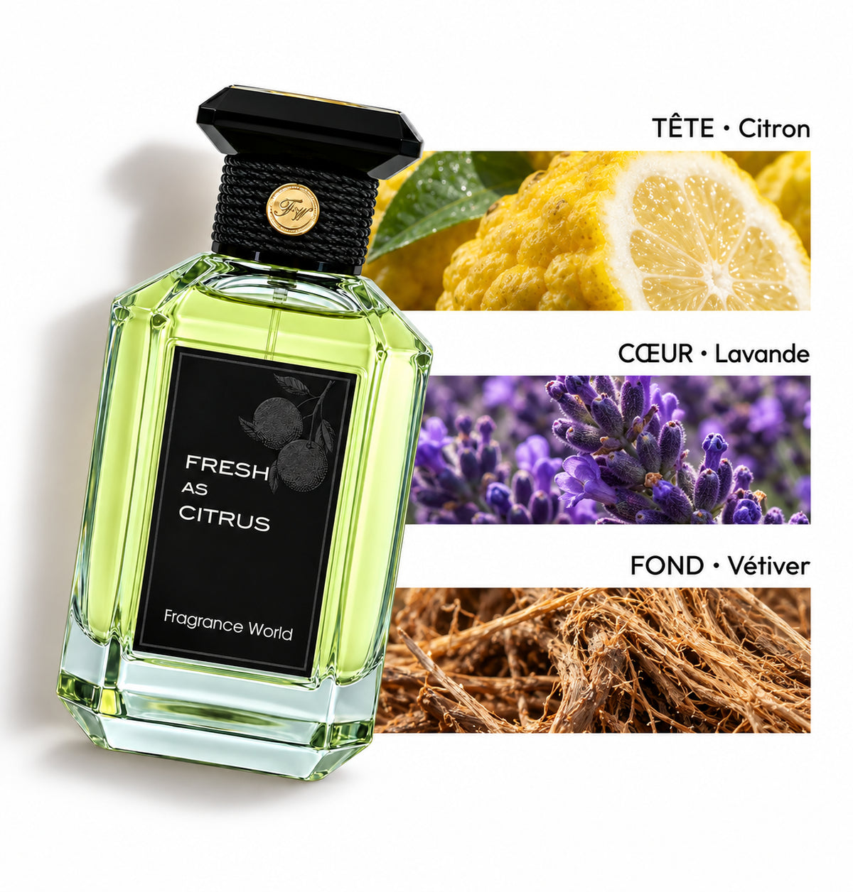 Fresh As Citrus – Fragrance World — Flacon entier et bandes de notes