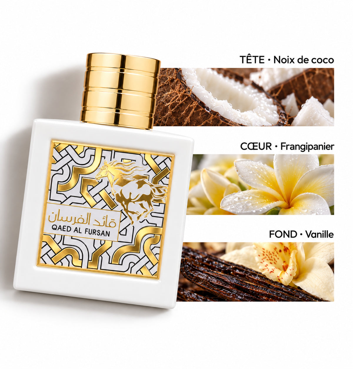Qaed Al Fursan White – Lattafa — Flacon entier et bandes de notes