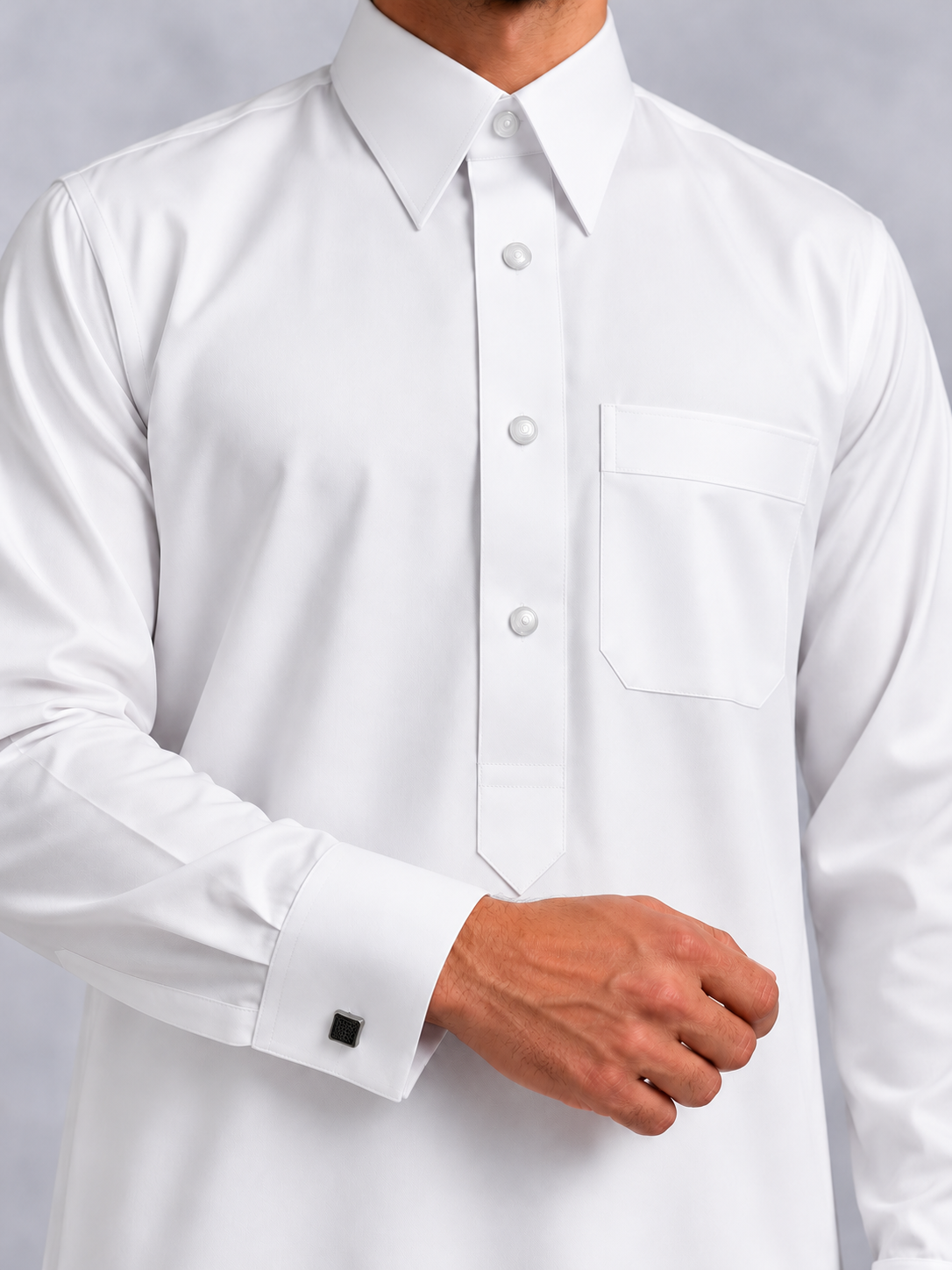 Qamis Qatari Original blanc - detail du col, des pressions et du poignet