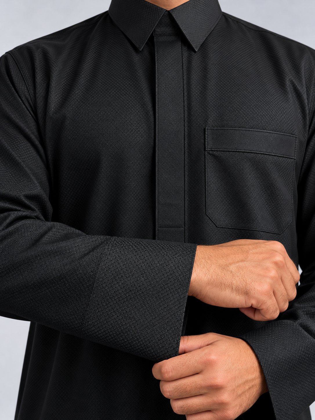 Qamis Prestige Damier noir absolu, détails du tissage