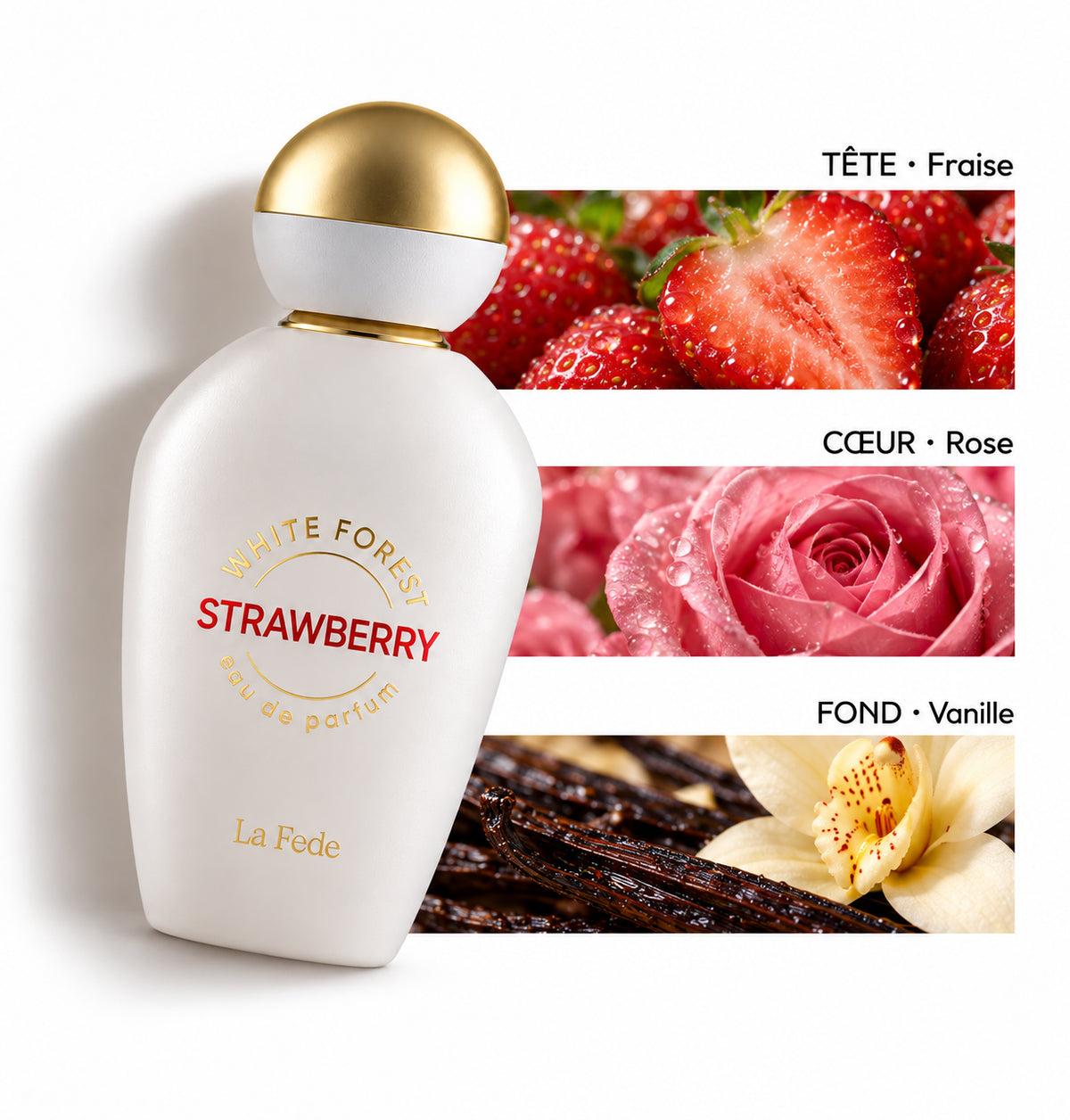 Strawberry White Forest – Khadlaj — Flacon entier et bandes de notes