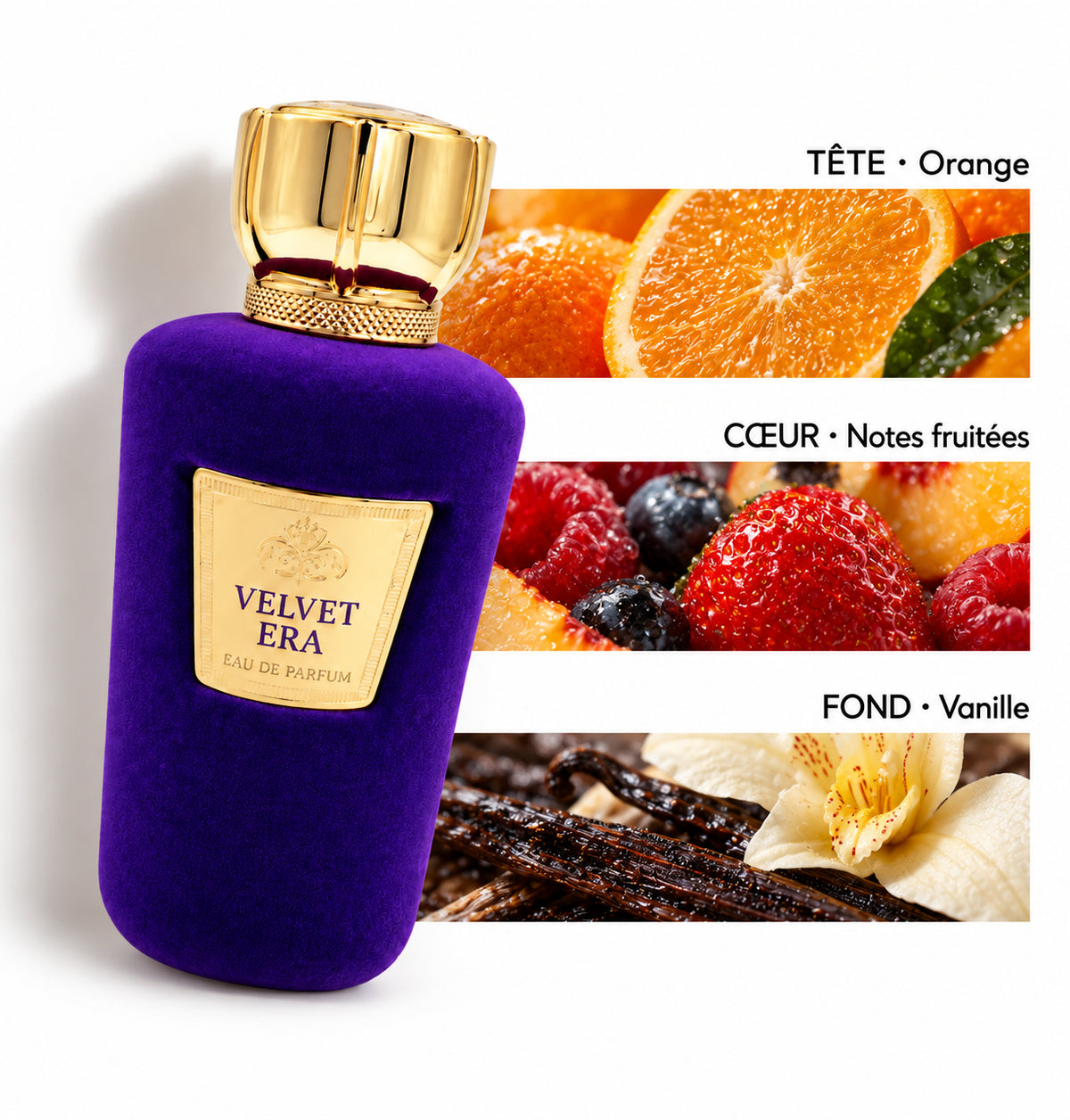 Velvet Era – Fragrance World — Flacon entier et bandes de notes