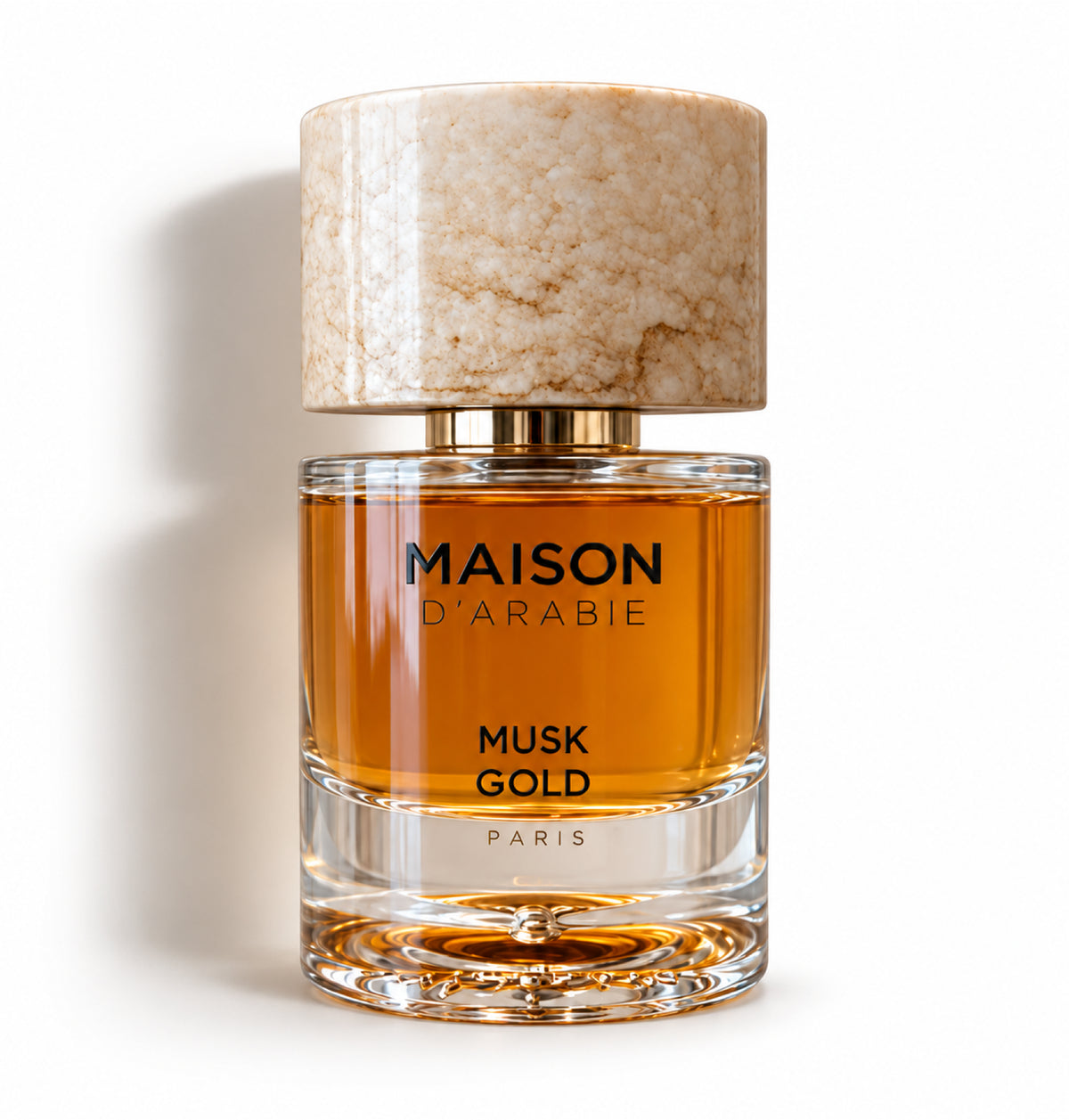 Musk Gold – Maison d'Arabie – flacon sur fond blanc avec ombre douce